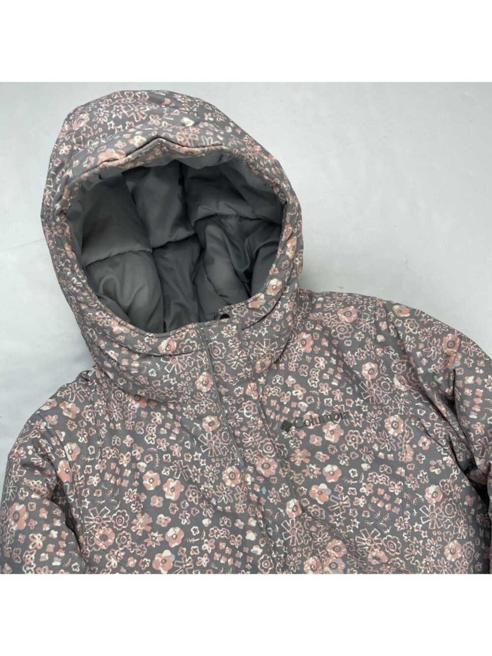 Columbia Hooded Winter Jacket Girl’s S(7-8) Insulated Coat Floral Pink Gray